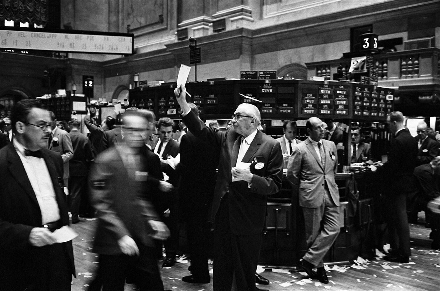 Traders working on the floor of the New York Stock Exchange in an archival photograph